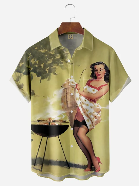 Tall Size Moisture-wicking BBQ Beauty Chest Pocket Hawaiian Shirt