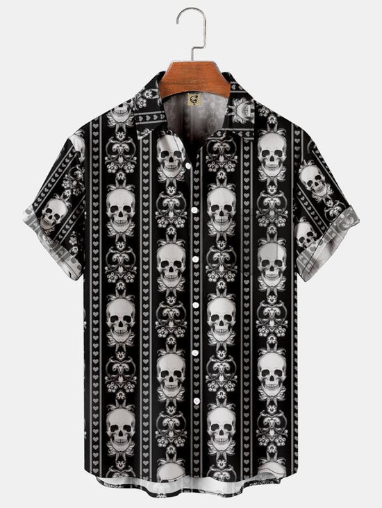 Tall Size Moisture-wicking Skull Chest Pocket Hawaiian Shirt