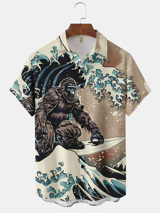Moisture-wicking Ukiyo-e Wave Bigfoot Chest Pocket Hawaiian Shirt