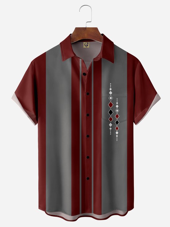 Tall Size Moisture-wicking Geometric Art Chest Pocket Bowling Shirt