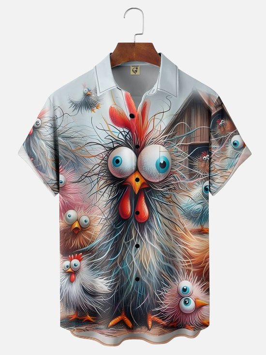 Tall Size Moisture-wicking Funny Rooster Chest Pocket Hawaiian Shirt