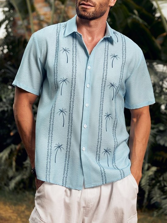 Tall Size Coconut Tree Print Short Sleeve Bowling Shirt