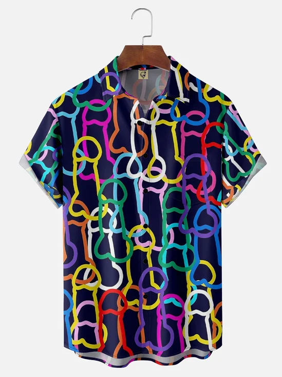 Moisture-Wicking Simple Line Drawing Chest Pocket Hawaiian Shirt