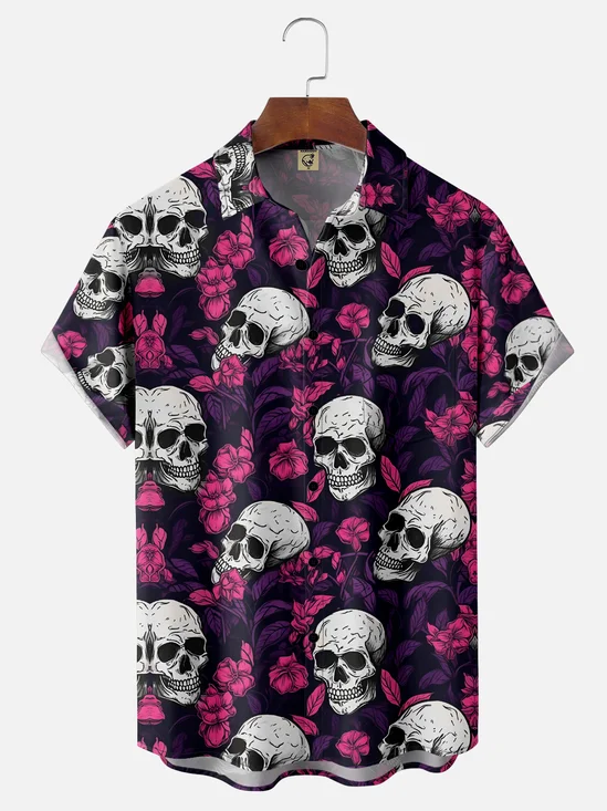 Moisture-Wicking Skull Floral Chest Pocket Hawaiian Shirt