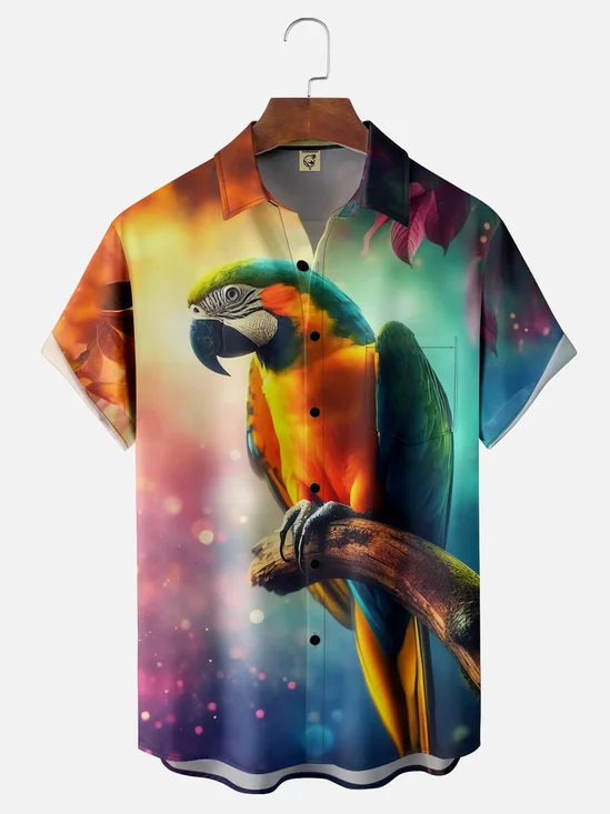 Moisture-Wicking Gradient Color Parrot Chest Pocket Hawaiian Shirt