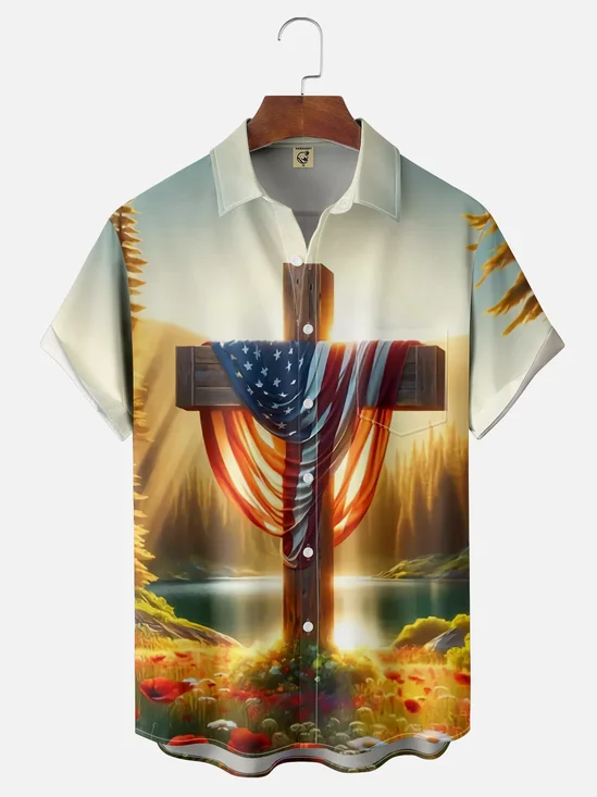 Moisture-wicking American Flag Cross Chest Pocket Hawaiian Shirt