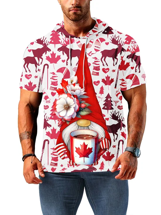 Moisture-wicking Canada Day Illustration Hooded Short-sleeved Sweatshirt