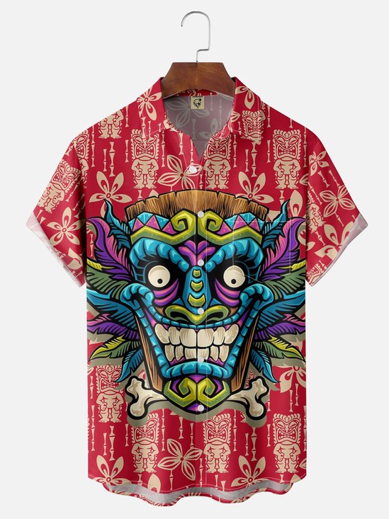 Moisture-wicking Tiki mask art illustration Chest Pocket Hawaiian Shirt