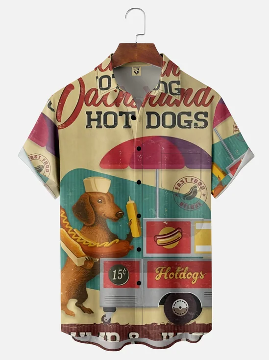 Moisture-wicking Dachshund Hot Dog Chest Pocket Hawaiian Shirt