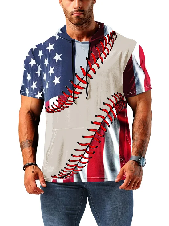 Moisture-wicking Artistic American Flag Hooded Short-sleeved Sweatshirt