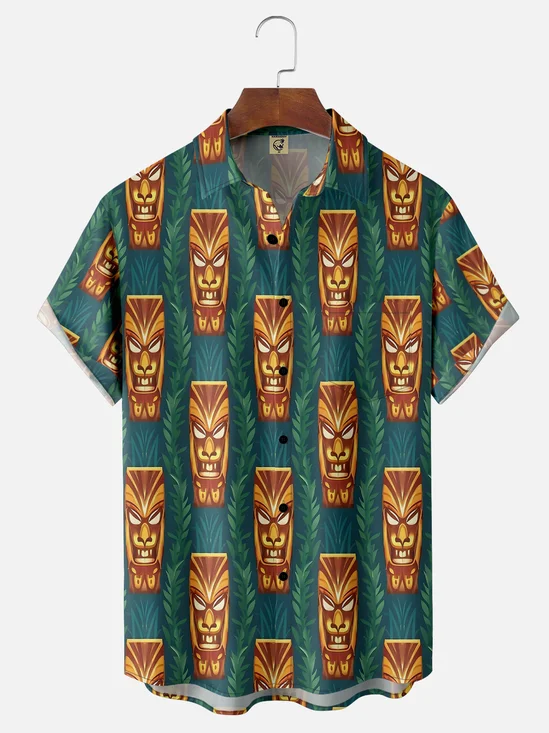 Moisture-wicking Tiki Chest Pocket Hawaiian Shirt