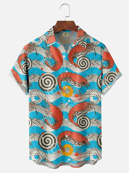 Moisture-wicking Prawn Art Painting Chest Pocket Hawaiian Shirt