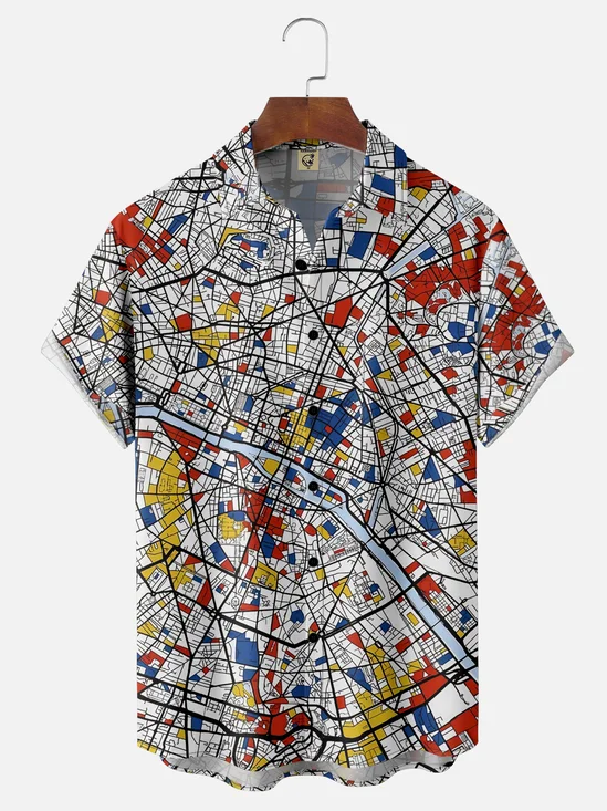 Moisture-wicking Art Map Chest Pocket Hawaiian Shirt