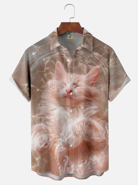 Moisture-wicking Swimming Kitten Chest Pocket Hawaiian Shirt