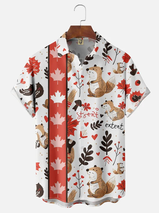 Moisture-wicking Squirrel And Maple Leaf Art Illustration Chest Pocket Bowling Shirt