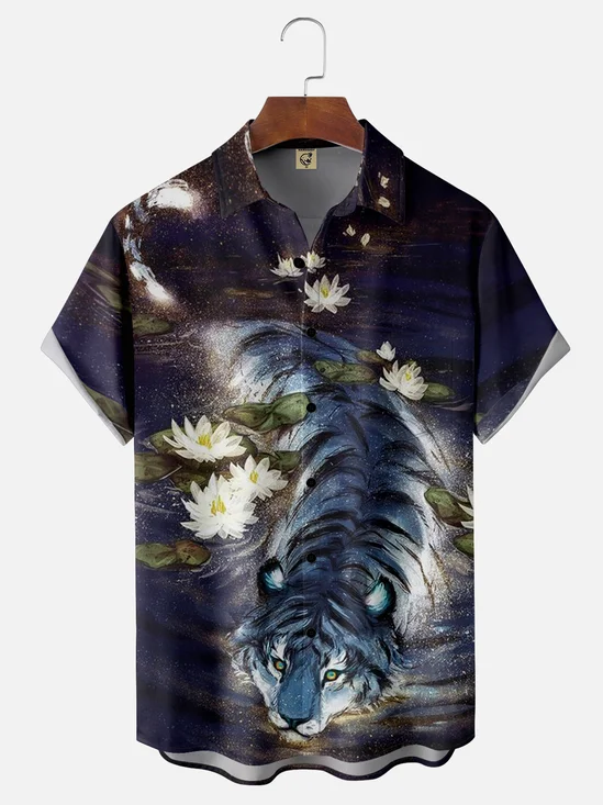 Moisture-wicking White Tiger In The Lotus Pond Chest Pocket Hawaiian Shirt