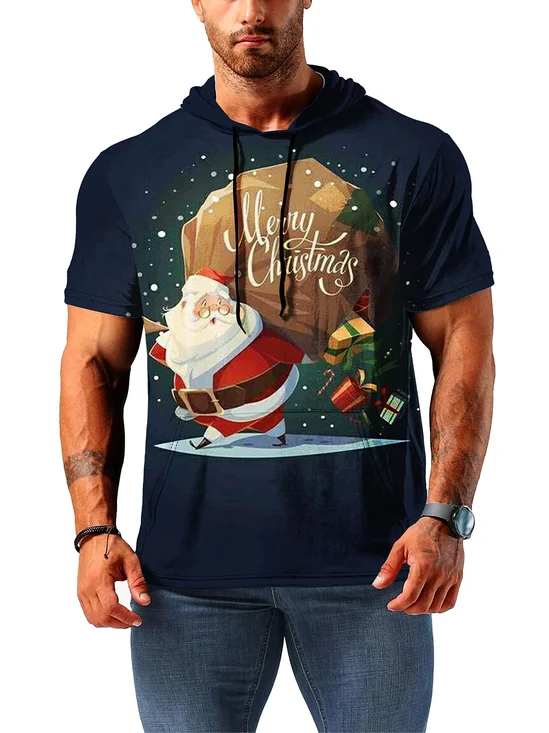 Moisture-wicking Santa Claus Art Illustration Hooded Short-sleeved Sweatshirt