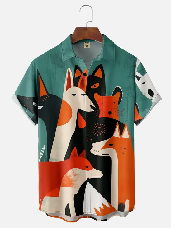 Moisture-wicking Abstract Art Dog Illustration Chest Pocket Hawaiian Shirt