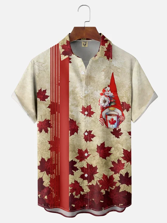 Moisture-wicking Maple Leaf Art Illustration Chest Pocket Bowling Shirt