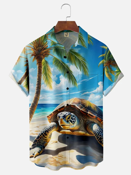 Moisture-wicking Sea Turtles Chest Pocket Hawaiian Shirt