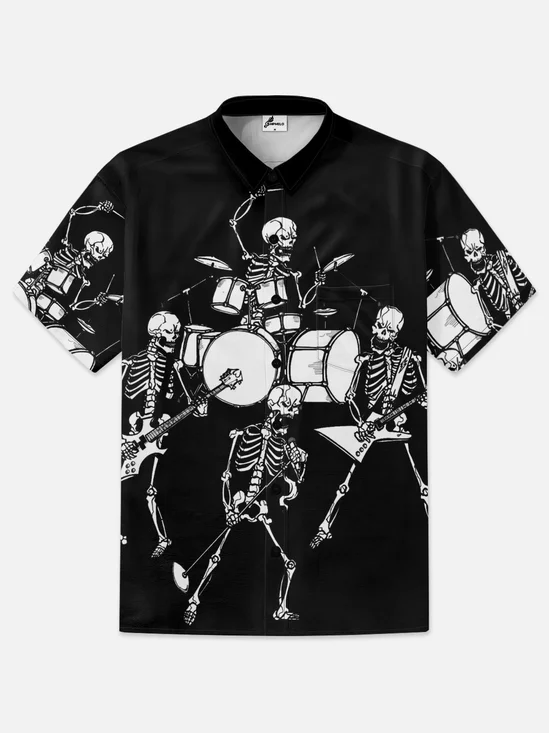Moisture-wicking Rock Skull Music Chest Pocket Hawaiian Shirt