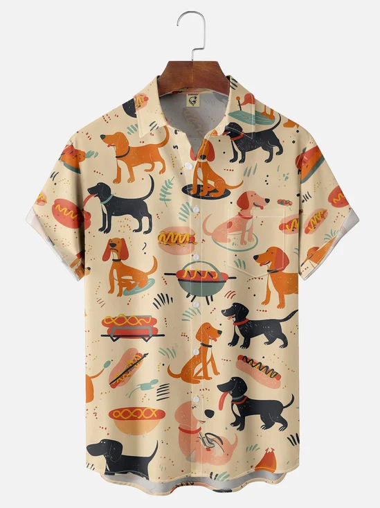 Moisture-wicking BBQ-loving Puppy Chest Pocket Hawaiian Shirt