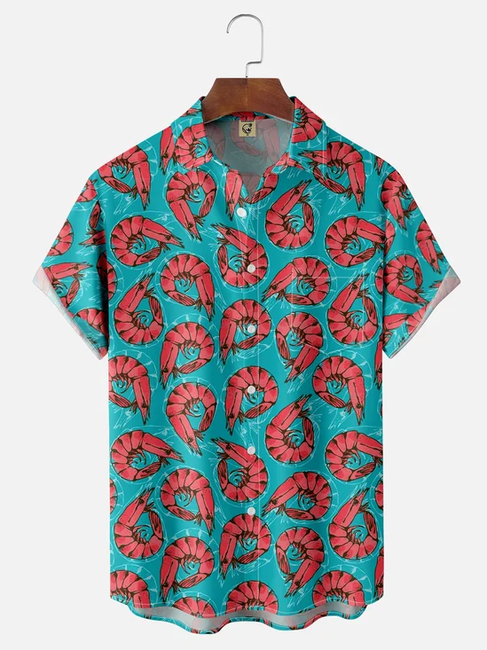 Moisture-wicking Artistic Prawn Illustration Chest Pocket Hawaiian Shirt