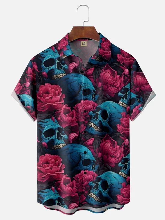 Moisture-wicking Halloween Skull Chest Pocket Hawaiian Shirt