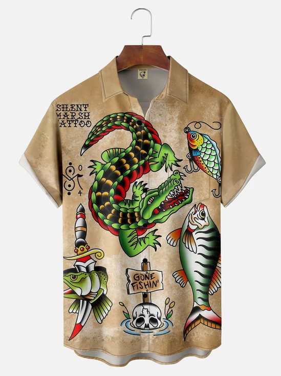 Moisture-wicking Vintage Alligator Painting Chest Pocket Hawaiian Shirt
