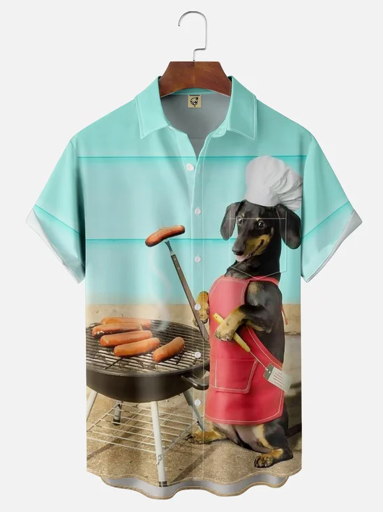 Moisture-wicking Puppy Grilled Hot Dog Chest Pocket Hawaiian Shirt