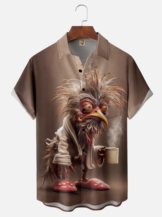 Moisture-wicking Coffee Drinking Chicken Chest Pocket Hawaiian Shirt