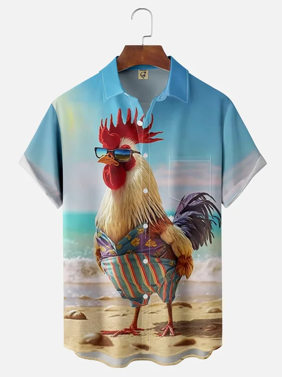Moisture-wicking Rooster Chest Pocket Hawaiian Shirt