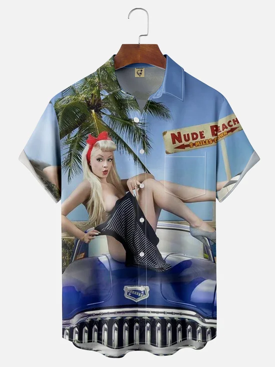 Moisture-wicking Girl In A Classic Car Chest Pocket Hawaiian Shirt