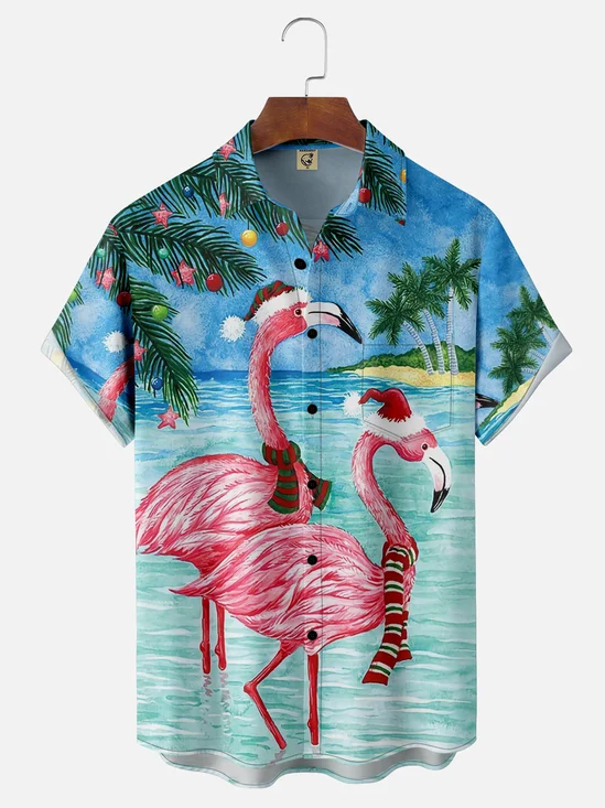 Moisture-wicking Christmas Flamingo Chest Pocket Hawaiian Shirt