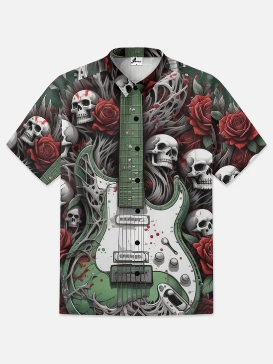 Moisture-wicking Skull Music Chest Pocket Hawaiian Shirt