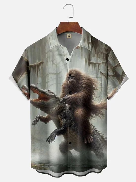 Moisture-wicking Bigfoot vs Alligator Chest Pocket Hawaiian Shirt