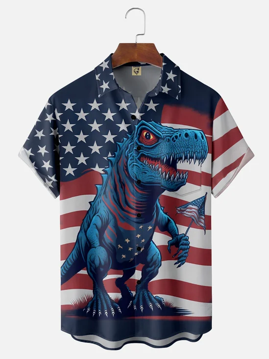 Moisture-wicking American Flag Dinosaur Chest Pocket Hawaiian Shirt
