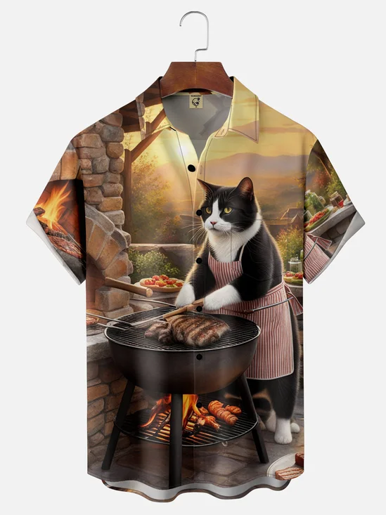 Moisture-wicking Cat Who Grills Seriously Chest Pocket Hawaiian Shirt