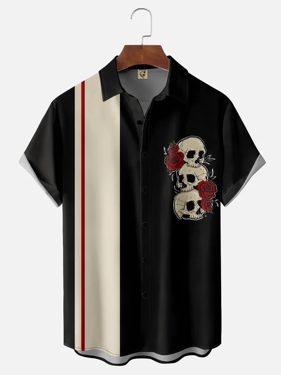 Moisture-wicking Skull Chest Pocket Bowling Shirt