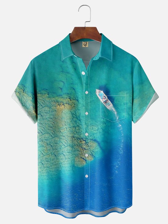 Moisture-wicking Art Ocean Yacht Painting Chest Pocket Hawaiian Shirt