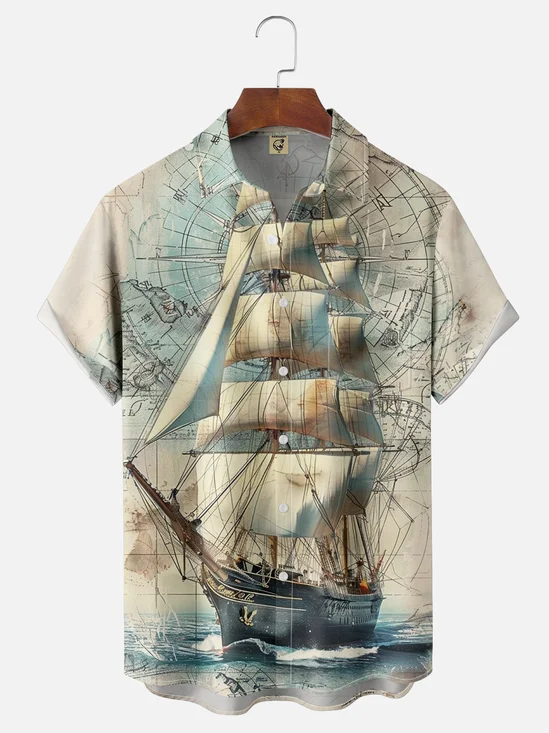 Moisture-wicking Sailboat Art Illustration Chest Pocket Hawaiian Shirt