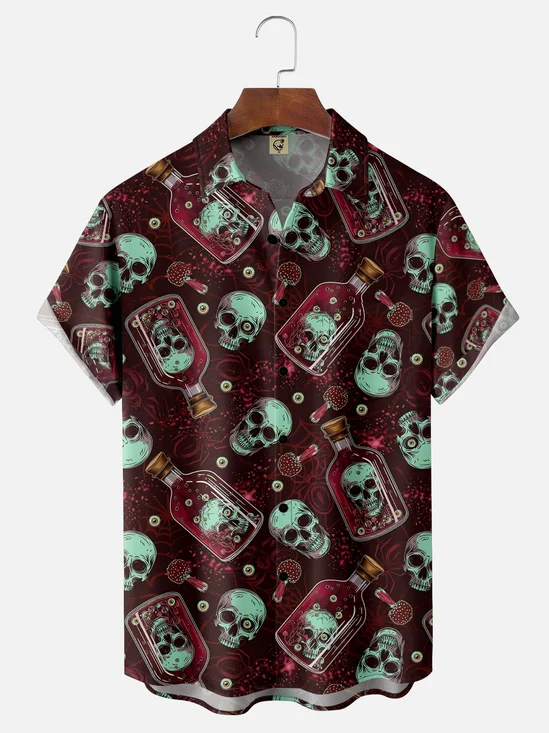 Moisture-wicking Halloween Skull Chest Pocket Hawaiian Shirt