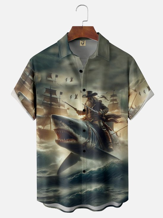 Tall Size Moisture-wicking Shark Pirate Chest Pocket Hawaiian Shirt