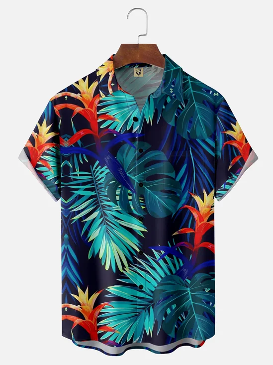 Moisture Wicking Tropical Plants Leaves Chest Pocket Hawaiian Shirt