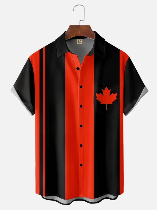 Moisture-wicking Canada Day Maple Leaf Chest Pocket Bowling Shirt