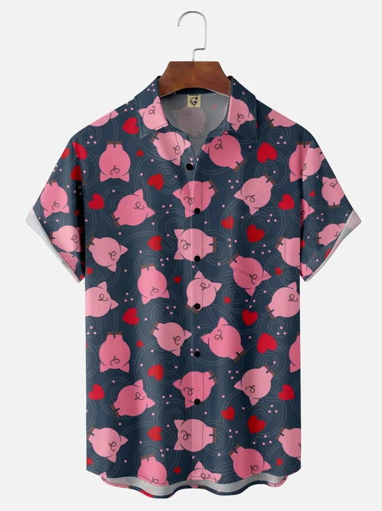 Moisture Wicking Abstract Geometric Pig Chest Pocket Hawaiian Shirt