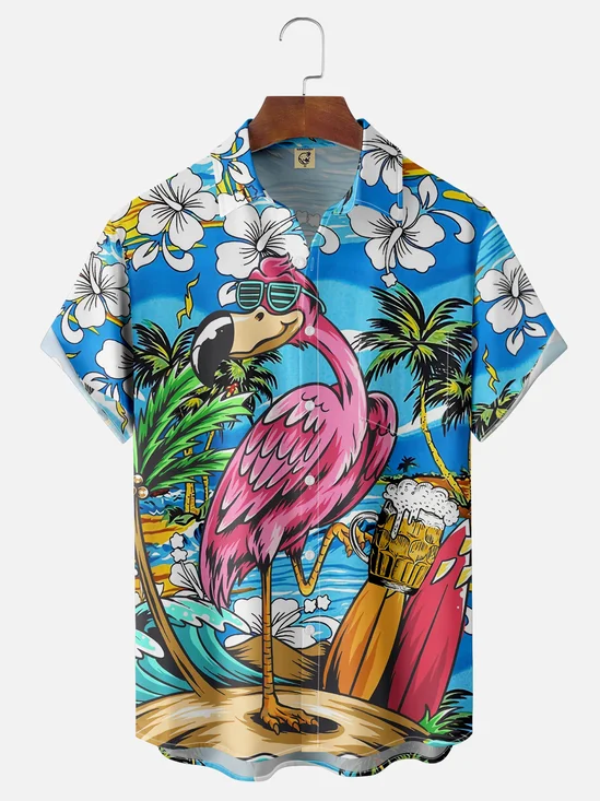 Flamingo Drinking Beer Chest Pocket Short Sleeve Hawaiian Shirt