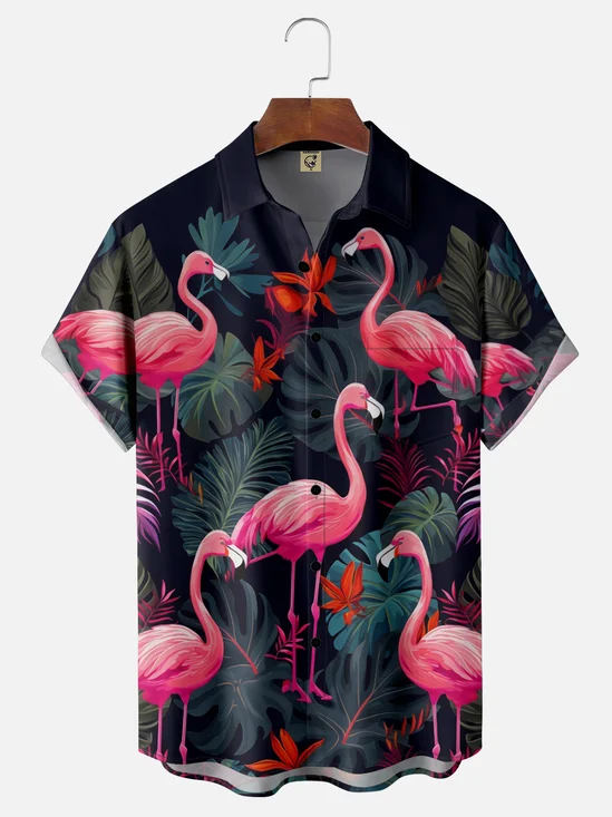 Moisture-wicking Flamingo Chest Pocket Hawaiian Shirt