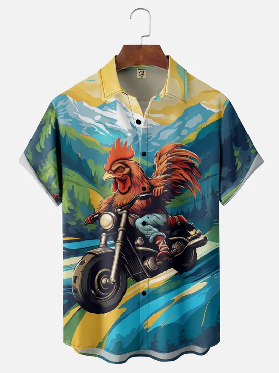 Moisture-wicking Motocycle Racing Rooster Chest Pocket Hawaiian Shirt