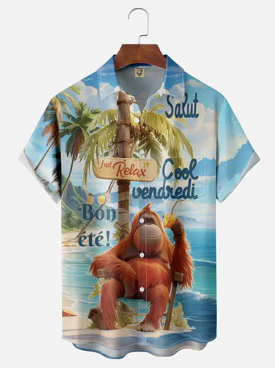 Moisture-wicking Orangutan On The Beach Chest Pocket Hawaiian Shirt